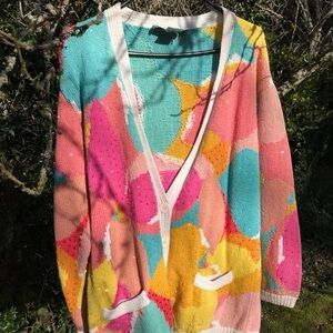 Adrienne Vittadini Colorblock V-Neck Button Cardigan Sweater